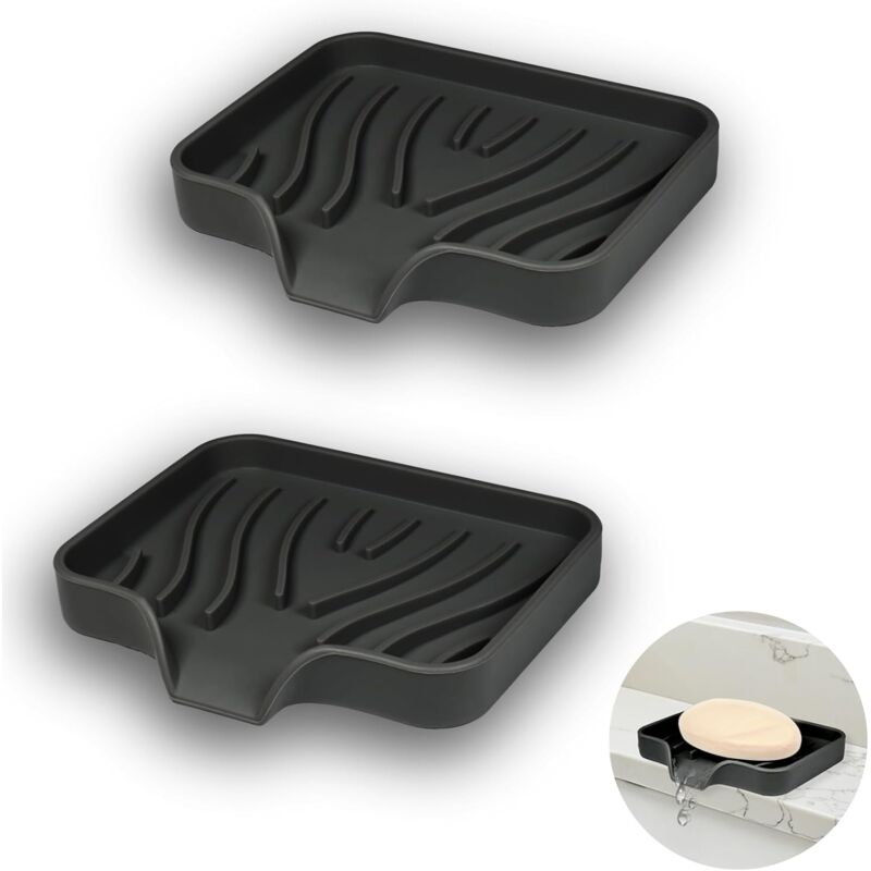 foto del prodotto portasapone in silicone da 2 pezzi, portasapone per bagno, portasapone con scarico, portasapone antiscivolo, portasapone per doccia, cucina nero 
