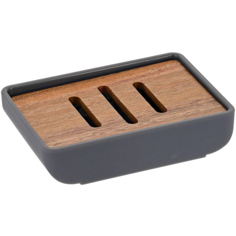 foto del prodotto portasapone rettangolare in gomma abs e acacia grigio tendance