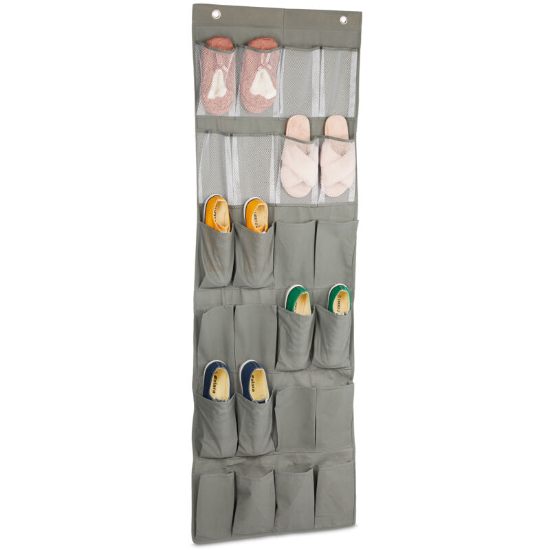 foto del prodotto portascarpe da appendere, scarpiera a sospensione da porta, 24 scomparti a rete e tessuto, 162x56x5 cm, grigio relaxdays