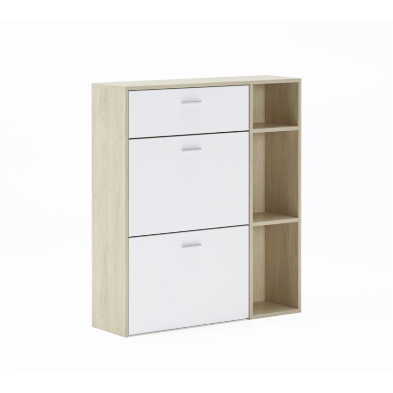 foto del prodotto portascarpe wind, colore struttura rovere, colore bianco nelle 2 porte basculanti e nel cassetto, misura 90x26x101,5cm di altezza. skraut home