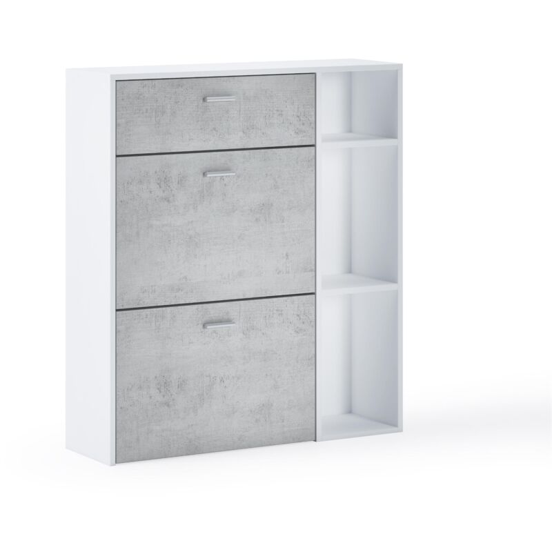 foto del prodotto portascarpe wind, struttura colore bianco opaco, colore grigio cemento sulle 2 porte basculanti e sul cassetto, misura 90x26x101,5cm di altezza.