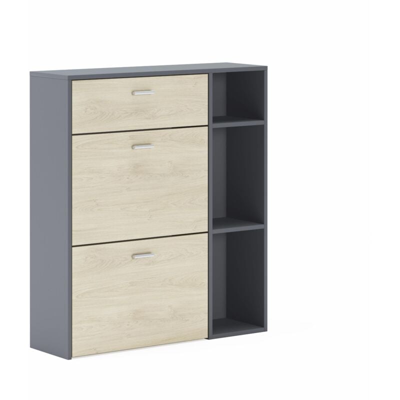 foto del prodotto portascarpe wind, struttura colore grigio antracite, colore rovere sulle 2 ante basculanti e cassetto, misure 90x26x101,5cm di altezza. skraut home
