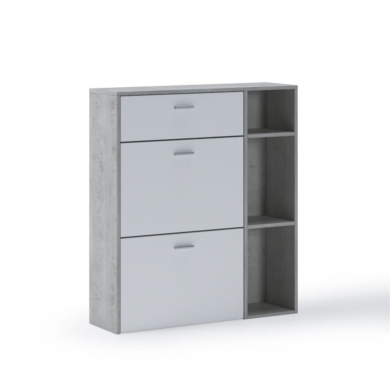 foto del prodotto portascarpe wind, struttura colore grigio cemento, colore bianco opaco sulle 2 porte basculanti e sul cassetto, misura 90x26x101,5cm di altezza.