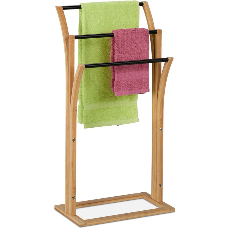 foto del prodotto portasciugaman da terra, in bamb , piantana con 3 aste sfalsate asciugamani, 82x42x24 cm, bagno, marrone nero relaxdays