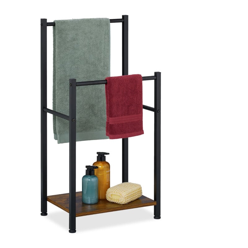 foto del prodotto portasciugamani a 2 bracci e ripiano, piantana bagno, 80x40x28 cm, porta asciugamani ferro e mdf, marrone nero relaxdays