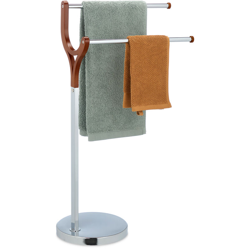 foto del prodotto portasciugamani a 2 bracci, piantana autoportante da bagno e cucina, porta asciugamani in acciaio cromato relaxdays