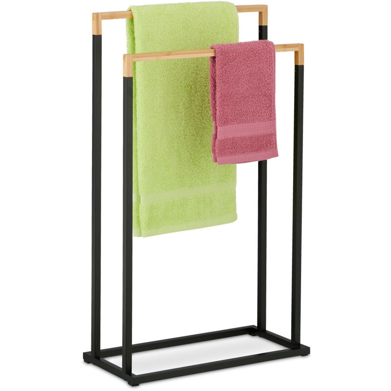 foto del prodotto portasciugamani a 2 bracci, piantana autoportante da bagno e cucina, porta asciugamani in ferro nero e marrone relaxdays