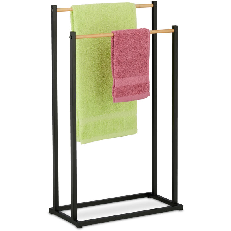 foto del prodotto portasciugamani a 2 bracci, piantana autoportante da bagno e cucina, porta asciugamani in ferro nero e marrone relaxdays