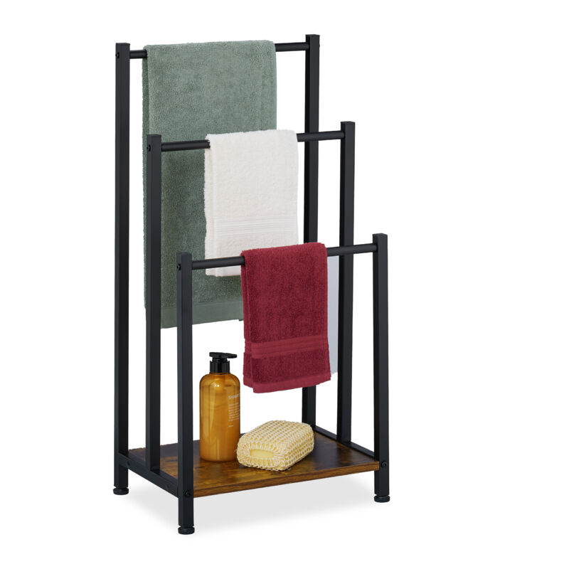 foto del prodotto portasciugamani a 3 bracci e ripiano, piantana bagno, 80x40x28 cm, porta asciugamani ferro e mdf, nero marrone relaxdays
