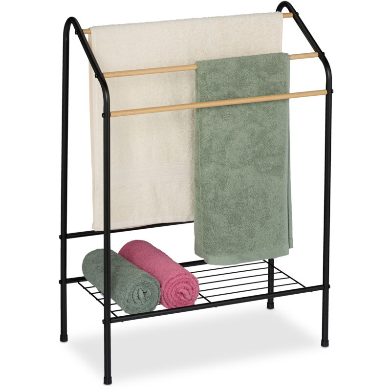 foto del prodotto portasciugamani a 3 bracci e ripiano, piantana da bagno, 84,5x60,5x31cm, porta asciugamani ferro, nero marrone relaxdays