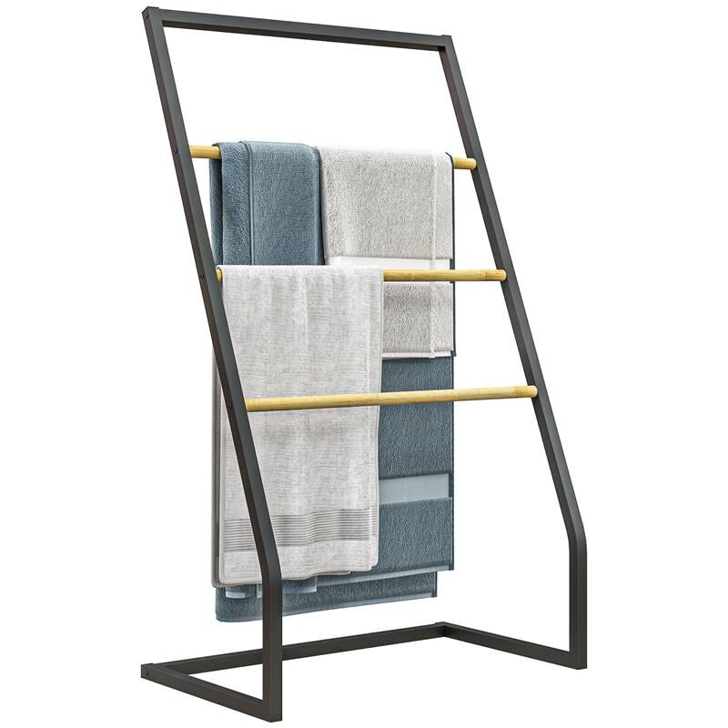 foto del prodotto portasciugamani a 4 sbarre in acciaio e bamb . 60x35x102 cm. nero e color legno