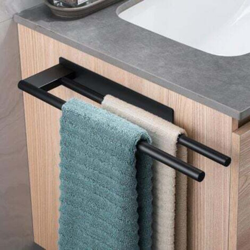 foto del prodotto portasciugamani da bagno in acciaio inossidabile 304 nero , senza foratura, doppia barra, adesivo, due bracci, montaggio a parete