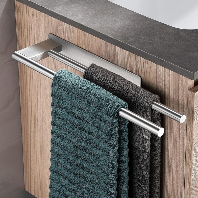 foto del prodotto portasciugamani da bagno senza foratura, barra portasciugamani doppia adesiva in acciaio inox 304, montaggio a parete con doppio braccio ymyny