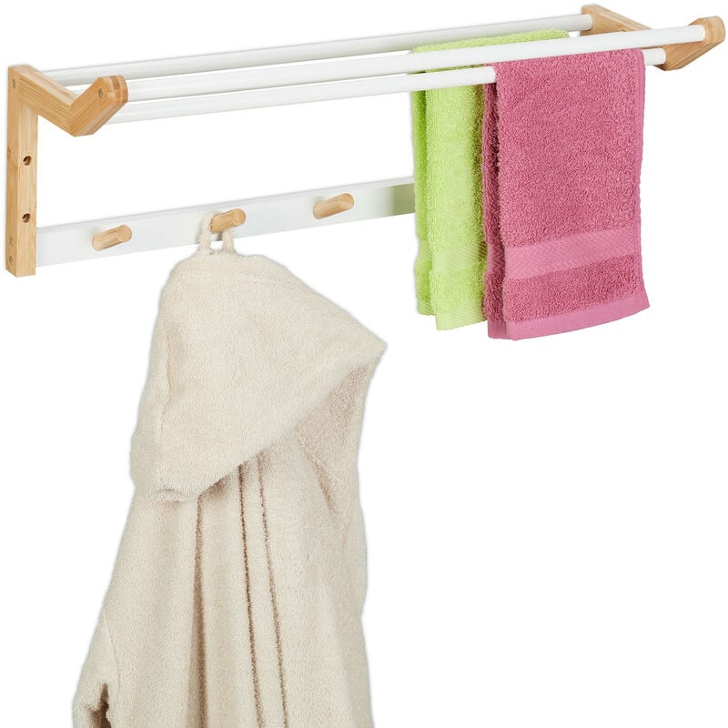 foto del prodotto portasciugamani da parete, hlp 22x60x20 cm, mensola da bagno con aste per asciugamani e ripiano bianco marrone relaxdays