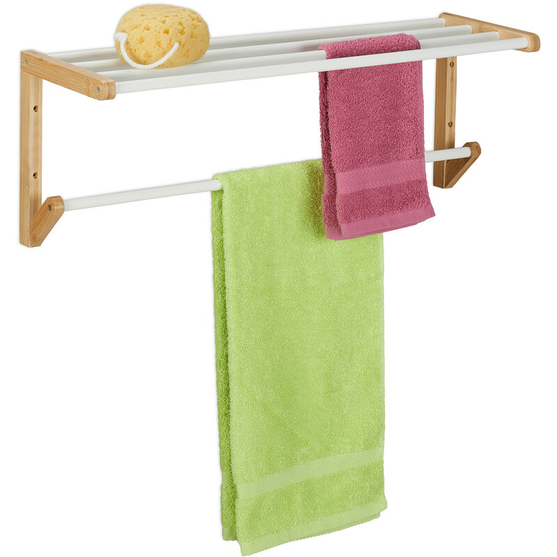 foto del prodotto portasciugamani da parete, hlp 25x70x20 cm, mensola da bagno con aste per asciugamani e ripiano bianco marrone relaxdays