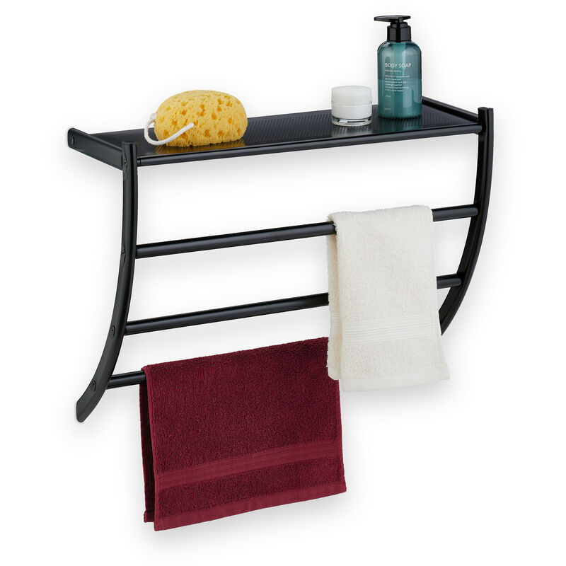 foto del prodotto portasciugamani da parete, hlp 44 x 56,5 x 23 cm, mensola da bagno con 3 aste per asciugamani e ripiano, nero relaxdays
