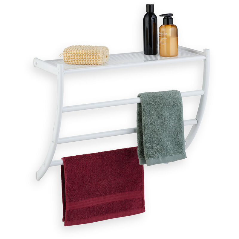 foto del prodotto portasciugamani da parete, hlp 44x56,5x23 cm, mensola da bagno con 3 aste per asciugamani e ripiano, bianco relaxdays