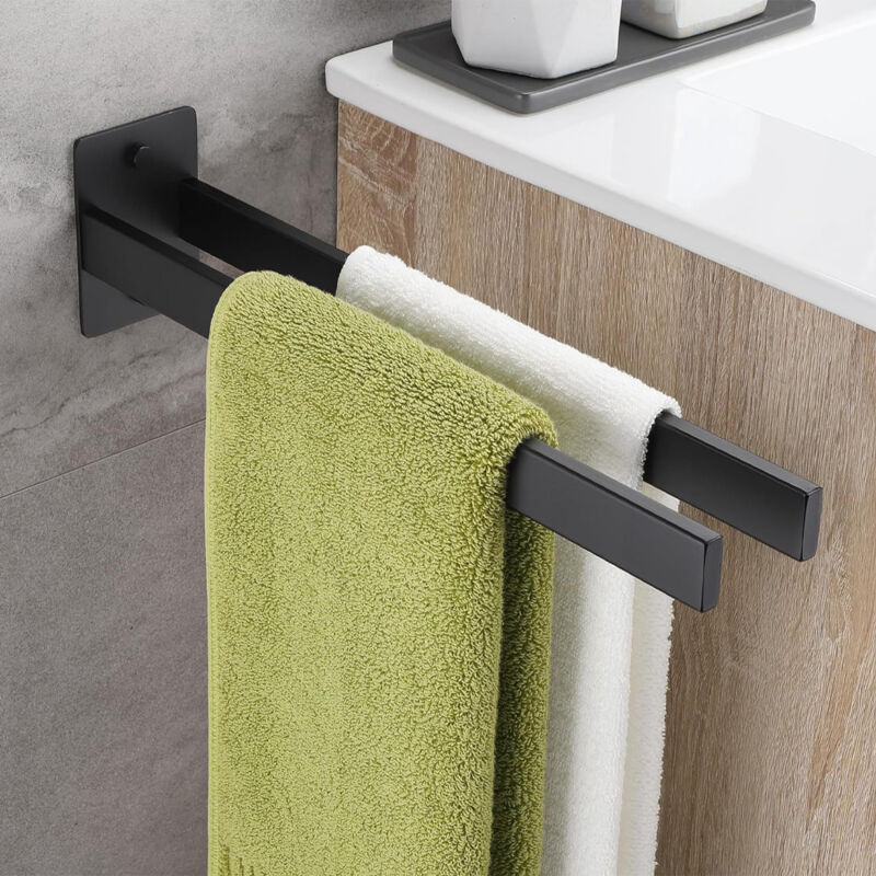 foto del prodotto portasciugamani da parete in acciaio inox nero, adesivo con due bracci, adatto per bagno o cucina, 40 x 10 x 7 cm