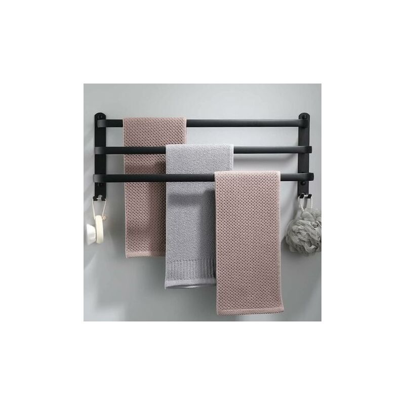 foto del prodotto portasciugamani da parete in alluminio 3 ripiani con ganci 60 cm impermeabile nero per bagno, cucina, toilette