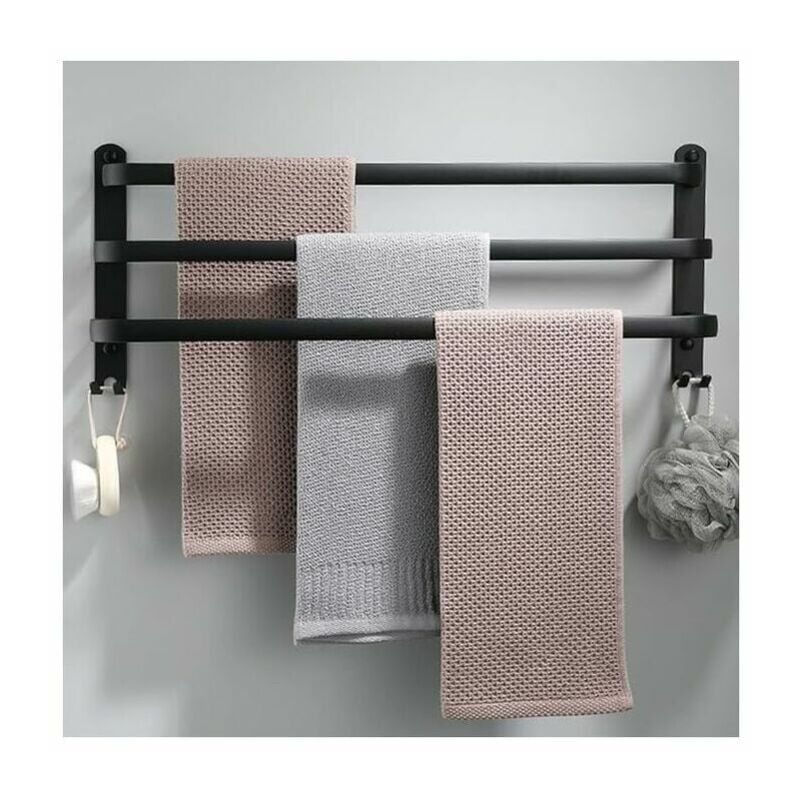 foto del prodotto portasciugamani da parete in alluminio a 3 ripiani con ganci, 60 cm, impermeabile, nero, portasciugamani per bagno, cucina, vasca