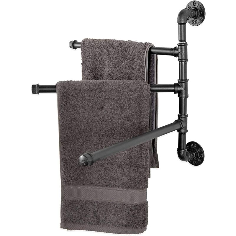 foto del prodotto portasciugamani da parete in metallo, stile industriale, con 3 barre rotanti, portasciugamani nero, accessori per il bagno e la cucina, installazione