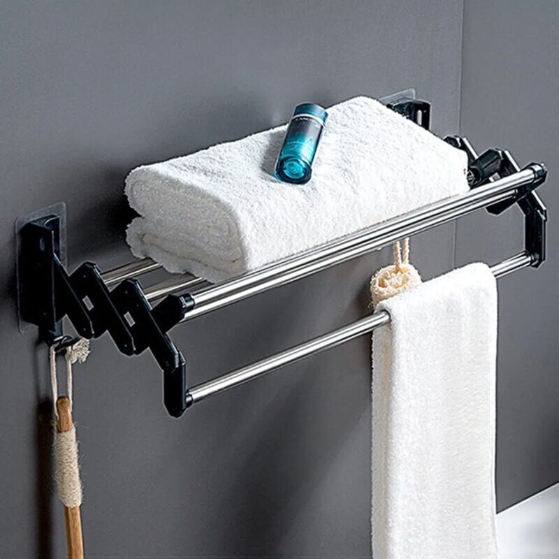 foto del prodotto portasciugamani da parete per bagno senza foratura, portasciugamani adesivo pieghevole da parete, con 2 ganci, portasciugamani estensibile da 40 cm,