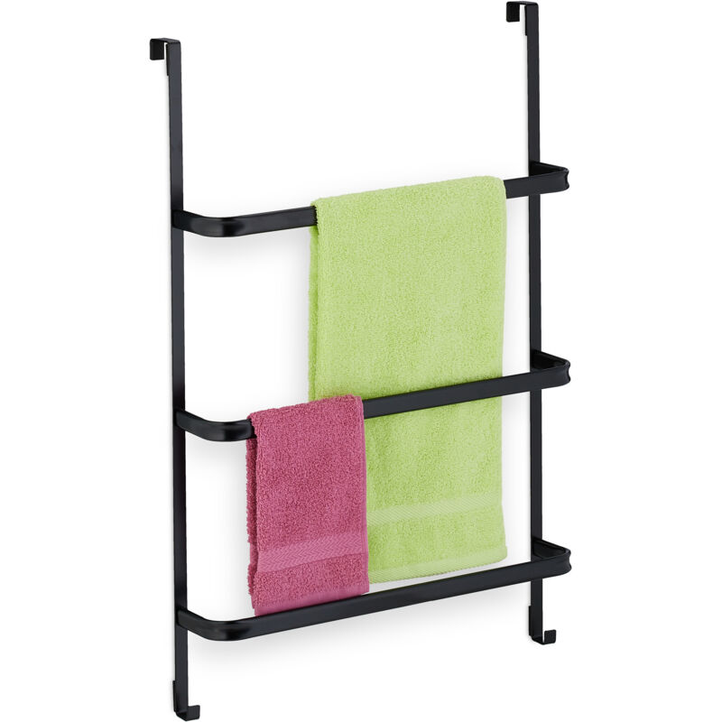 foto del prodotto portasciugamani da porta, senza trapano, 3 aste e 2 ganci, hlp 85 x 54,5 x 15 cm, appendi asciugamani, nero relaxdays