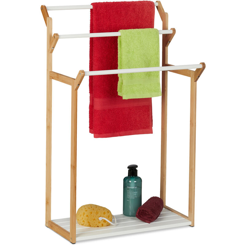 foto del prodotto portasciugamani da terra con ripiano, portasalviette 3 bracci, autoportante, 82 x 50 x 35 cm, marrone bianco relaxdays