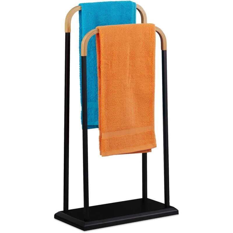 foto del prodotto portasciugamani da terra, struttura in ferro, 2 bracci in bamb , per accappatoi e teli, hlp 85x45x22 cm, nero relaxdays