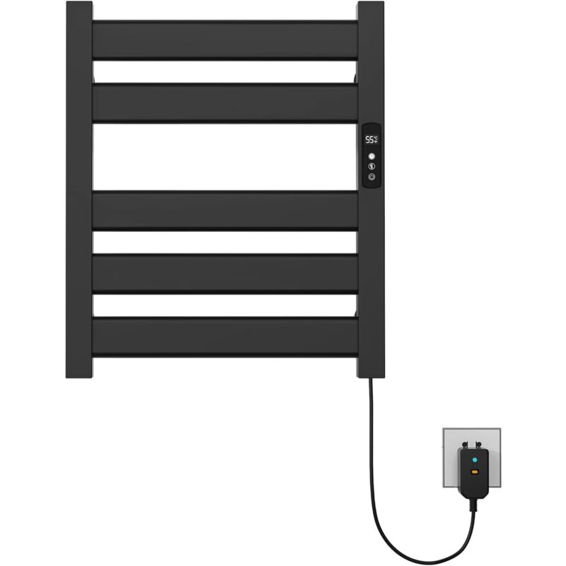 foto del prodotto portasciugamani elettrico nero opaco, scaldasalviette 180w 500x550mm, portasciugamani riscaldato elettrico montato a parete, radiatore da bagno
