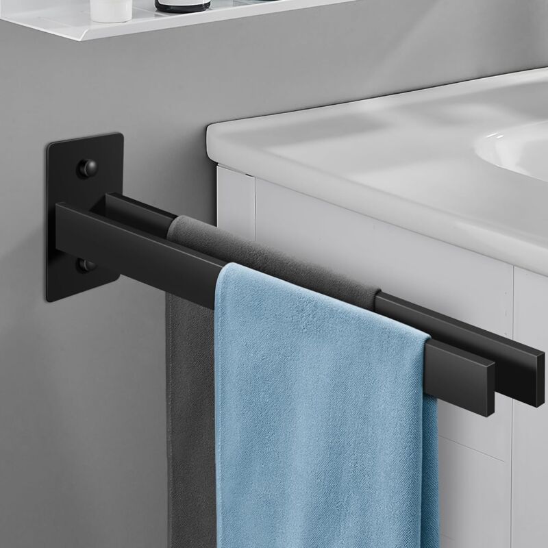 foto del prodotto portasciugamani in acciaio inox nero, portasciugamani doppio adesivo con due bracci per montaggio a parete per bagno o cucina, due opzioni di