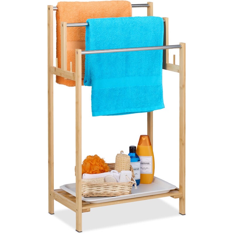 foto del prodotto portasciugamani in bamb , 3 bracci e ripiano, 90x51x30,5 cm, portasalviette autoportante da doccia, naturale relaxdays