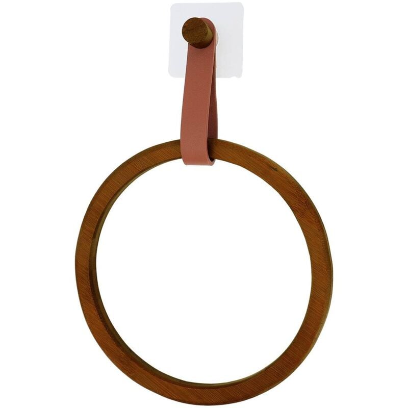 foto del prodotto portasciugamani in bambù arrotondato + cinturino in similpelle su adesivo - look ambra acacia tendance