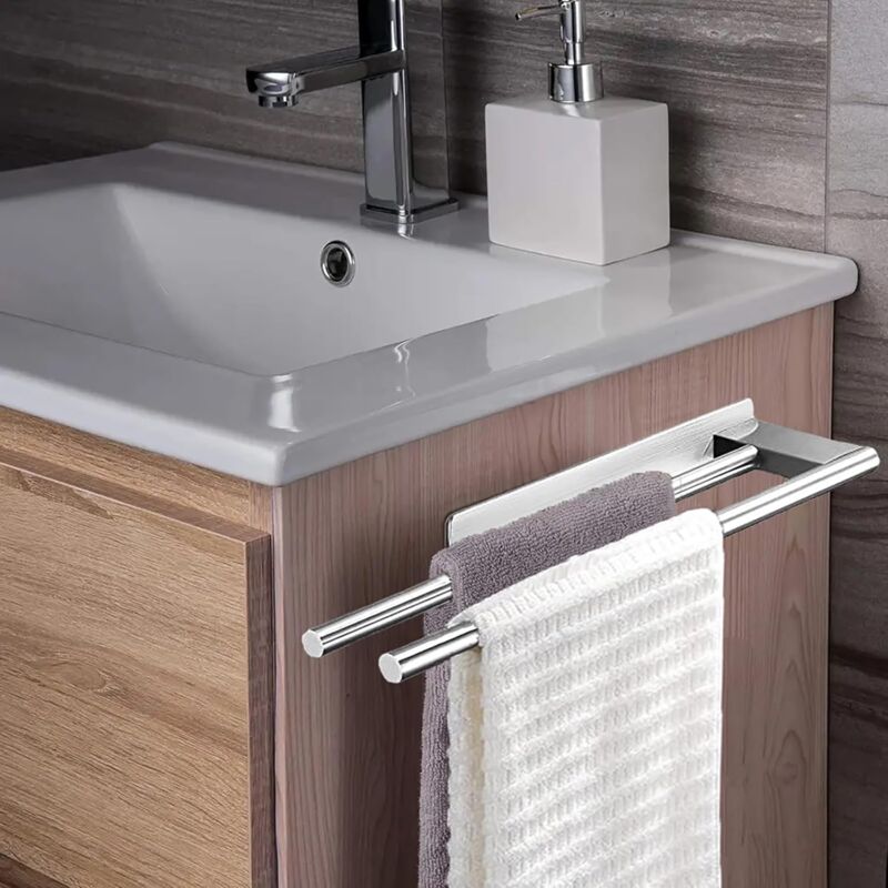foto del prodotto portasciugamani senza foratura, barra portasciugamani in acciaio inox 304 per lavandino del bagno, portasciugamani a doppio braccio, accessori per il