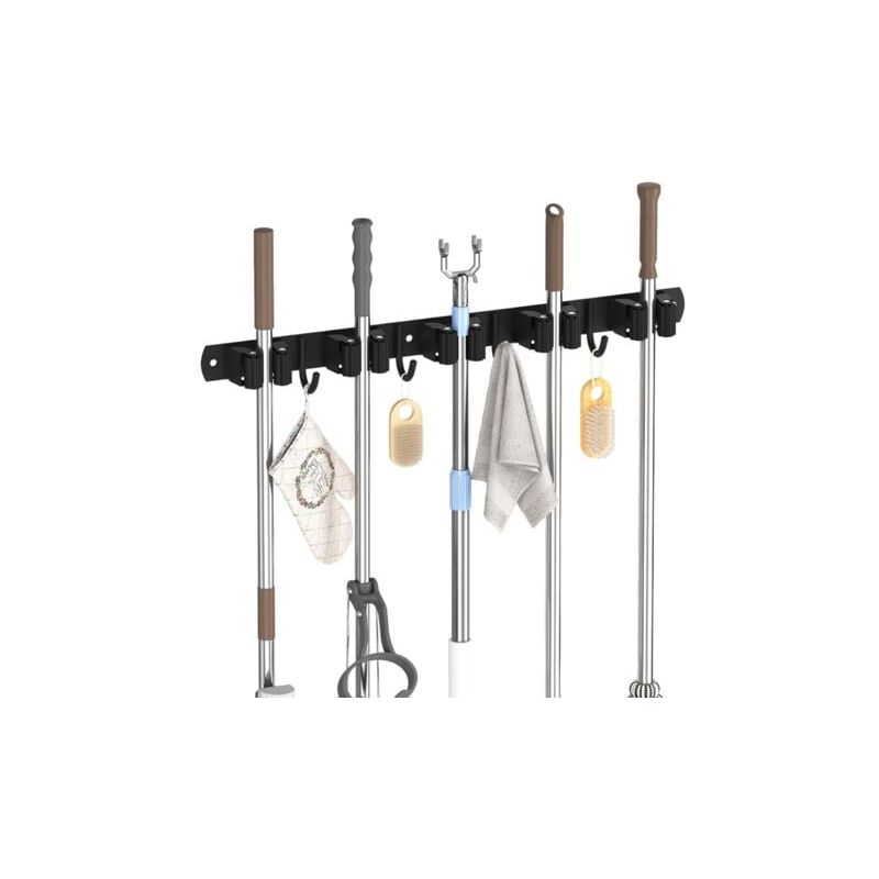 foto del prodotto portascopa da parete aiperq, portascopa da parete con 5 supporti e 4 ganci, organizer da parete in acciaio inox per cucina, garage, giardino, nero