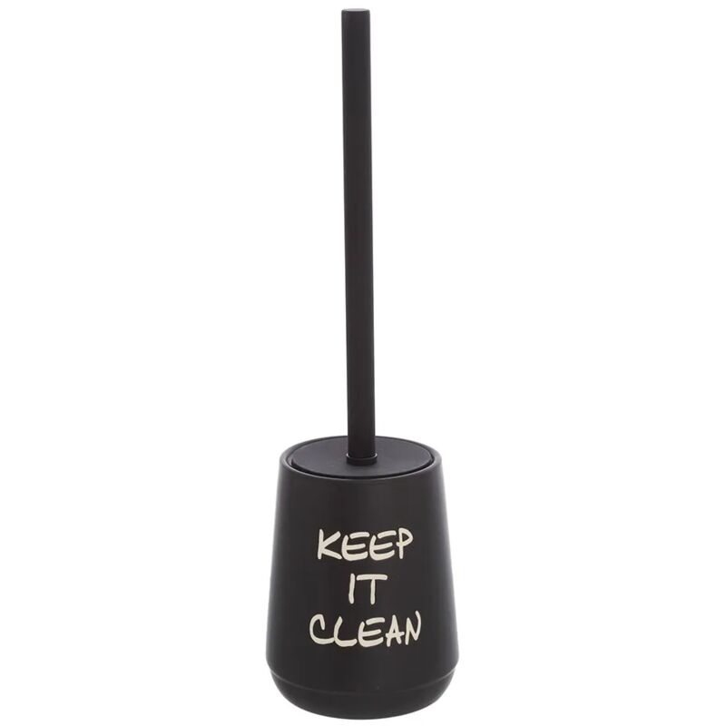 foto del prodotto portascopino da appoggio linea wash in ceramica nero opaco con scritte