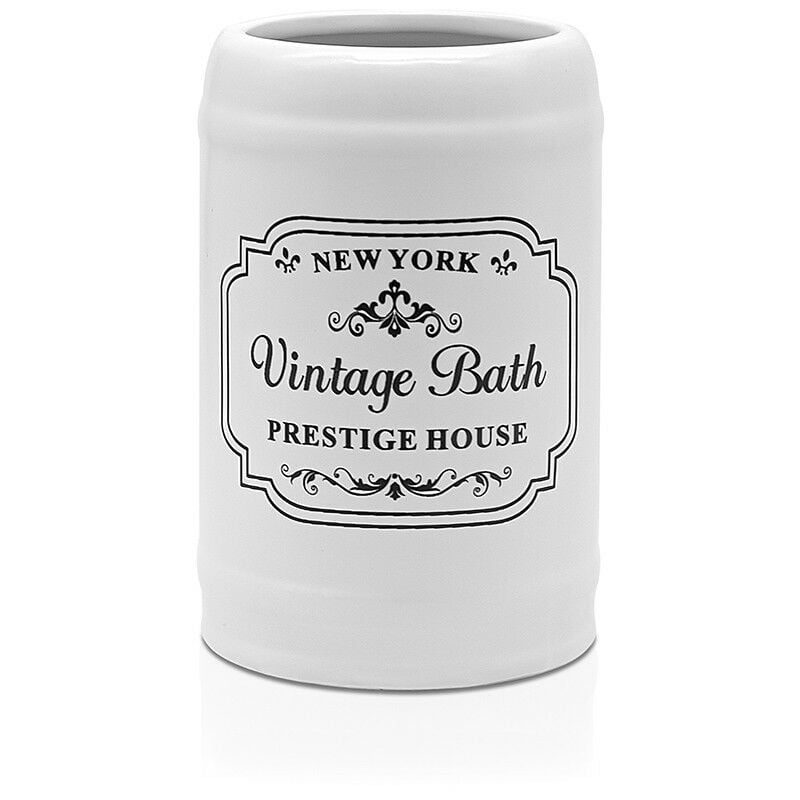 foto del prodotto portaspazzolini bagno in ceramica bianca con stampe a contrasto nere vintage