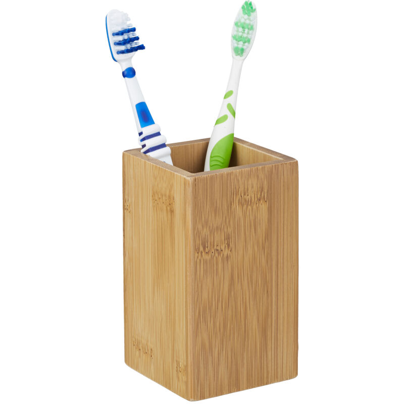 foto del prodotto portaspazzolini da bagno bamb , bicchiere design naturale, hxlxp 11 x 6,5 x 6,5 cm, porta dentifricio, marrone relaxdays