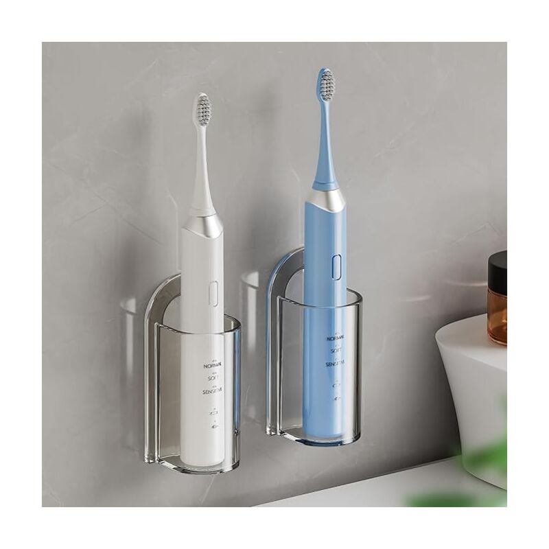 foto del prodotto portaspazzolino elettrico, portaspazzolino da parete per bagno, portaspazzolino elettrico autoadesivo, salvaspazio 2 pezzi trasparenti bebusingoto