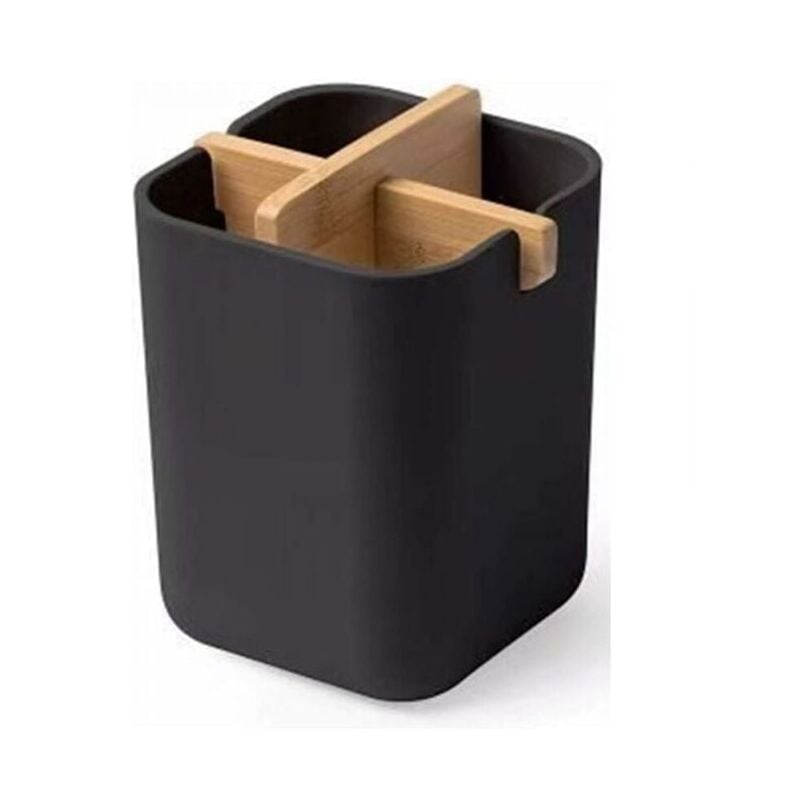foto del prodotto portaspazzolino in bamb nero , naturale ed ecologico, contenitore antibatterico per spazzolini, piccolo portaspazzolino, comodo da riporre.