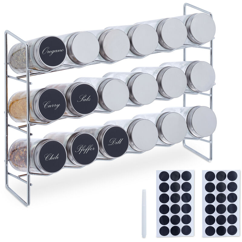 foto del prodotto portaspezie con 18 barattoli in vetro per spezie, spice rack con 36 etichette, hlp 22x29x9,5 cm, argentato relaxdays