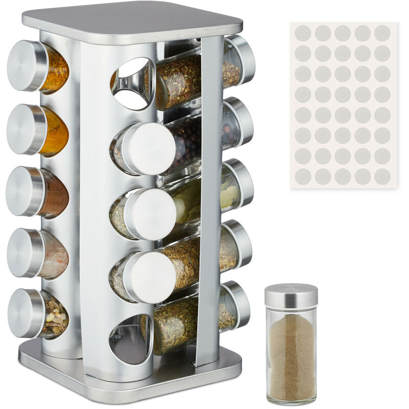 foto del prodotto portaspezie da cucina, 20 barattoli 40 etichette, girevole a 360 , acciaio inox e vetro 33,5x20x20 cm, argento relaxdays
