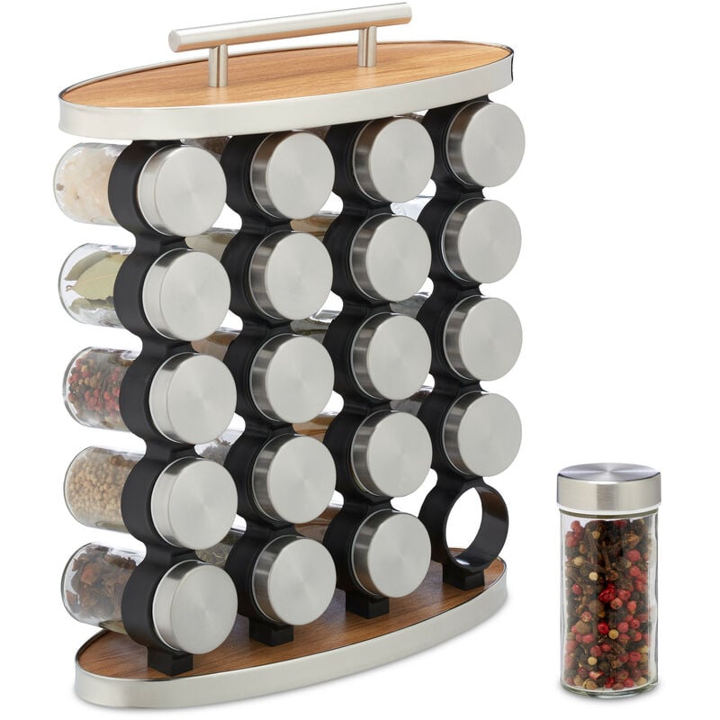 foto del prodotto portaspezie da cucina, 20 barattoli in vetro, inserto spargispezie, manico, hlp 35x28x12 cm, argento natura relaxdays