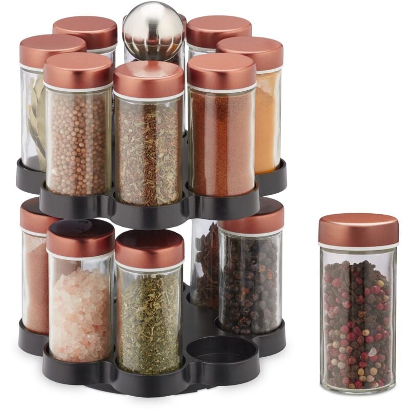 foto del prodotto portaspezie da cucina girevole a 360 , 16 barattoli in vetro, organizer hxd 26x17 cm, acciaio inox, rame nero relaxdays