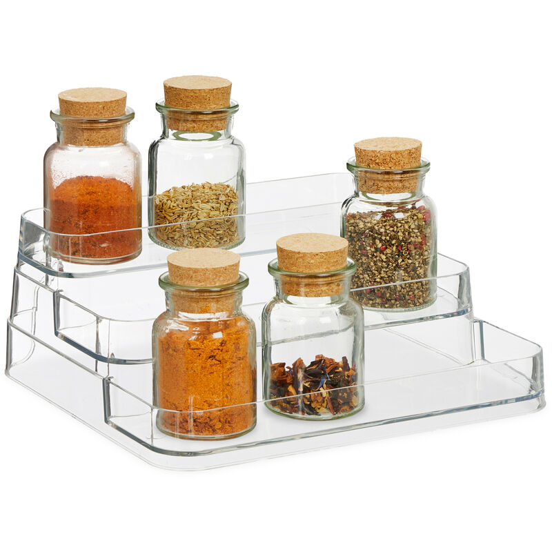 foto del prodotto portaspezie da cucina, scaffale porta spezie con 3 ripiani a scaletta, hlp 10,5x26x24cm, plastica, trasparente relaxdays