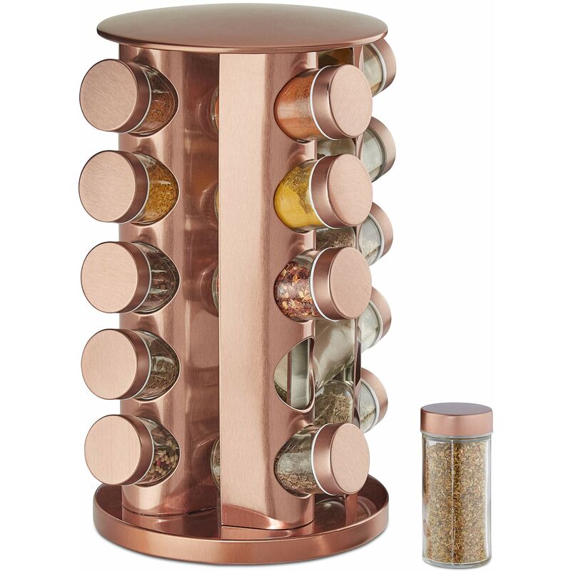 foto del prodotto portaspezie girevole con 20 barattoli, organizer rotante a 360 salvaspazio, in acciaio, hxd 34 x 22 cm, rame, set 1 pz relaxdays