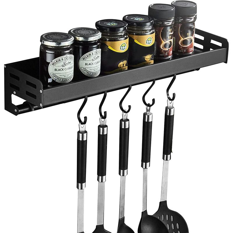foto del prodotto portaspezie, portautensili da cucina a parete con 5 ganci, montaggio a parete senza foratura, alluminio, antiruggine, nero, 40cm minkurow