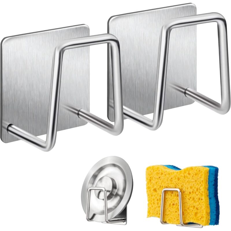 foto del prodotto portaspugna gancio per spugne in acciaio inox, accessori per lavello gancio adesivo, contenitore per cucina e bagno confezione da 2, argento .