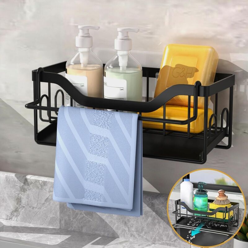 foto del prodotto portaspugna per lavello da cucina, organizer da parete per lavello da cucina con vaschetta di scarico, portaoggetti per lavello da cucina con