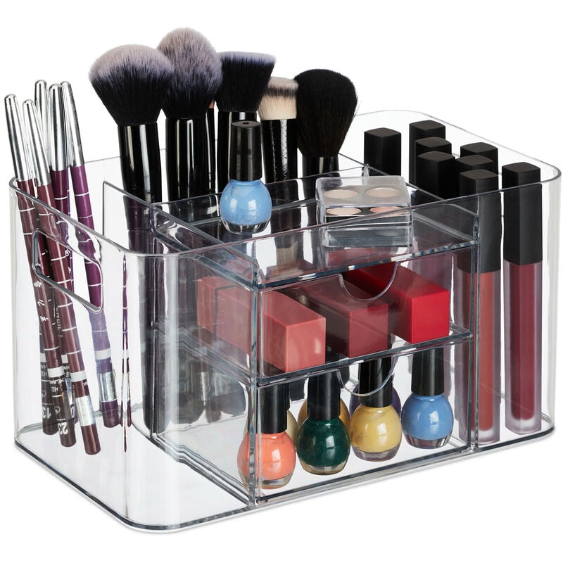 foto del prodotto portatrucchi, organizer con 4 scomparti e 2 cassetti, contenitore make up e rossetti, plastica, trasparente relaxdays